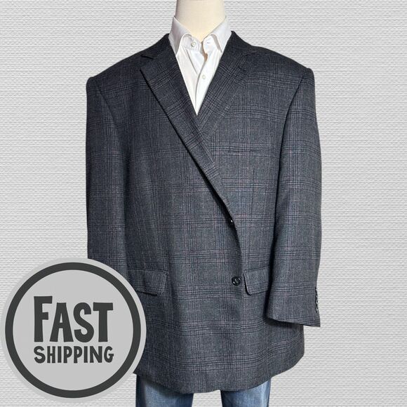 OAK HILL Mens Blazer Sport Coat Two Button Jacket 54/56R Gray/Purple Plaid Suits